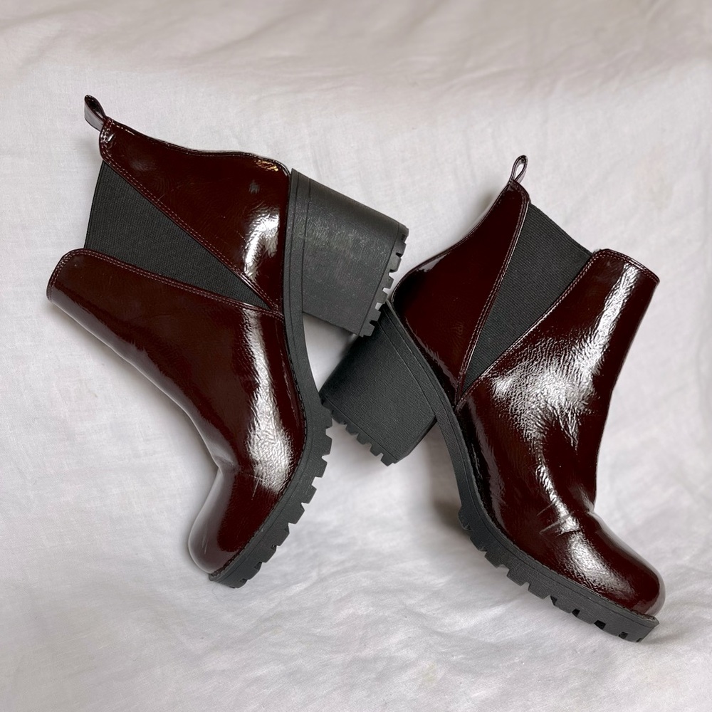 Blood red patent PU leather booties.